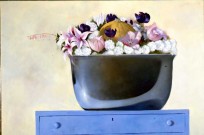 Bowl of Flowers on a Blue Table